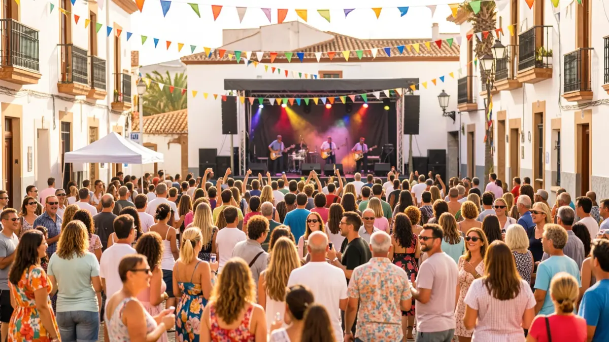 Imagen genérica de una plaza de pueblo en Canarias durante un festival de música, con arquitectura tradicional y ambiente festivo.