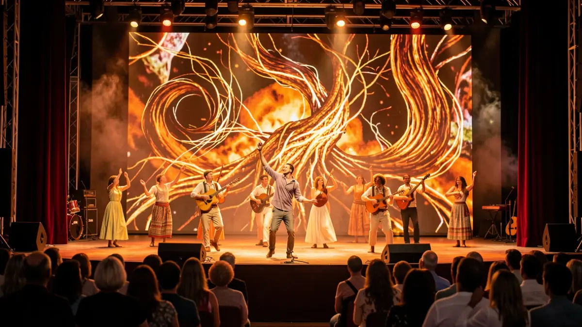 Imagen genérica de una actuación escénica con elementos visuales y de iluminación que evocan la cultura canaria.