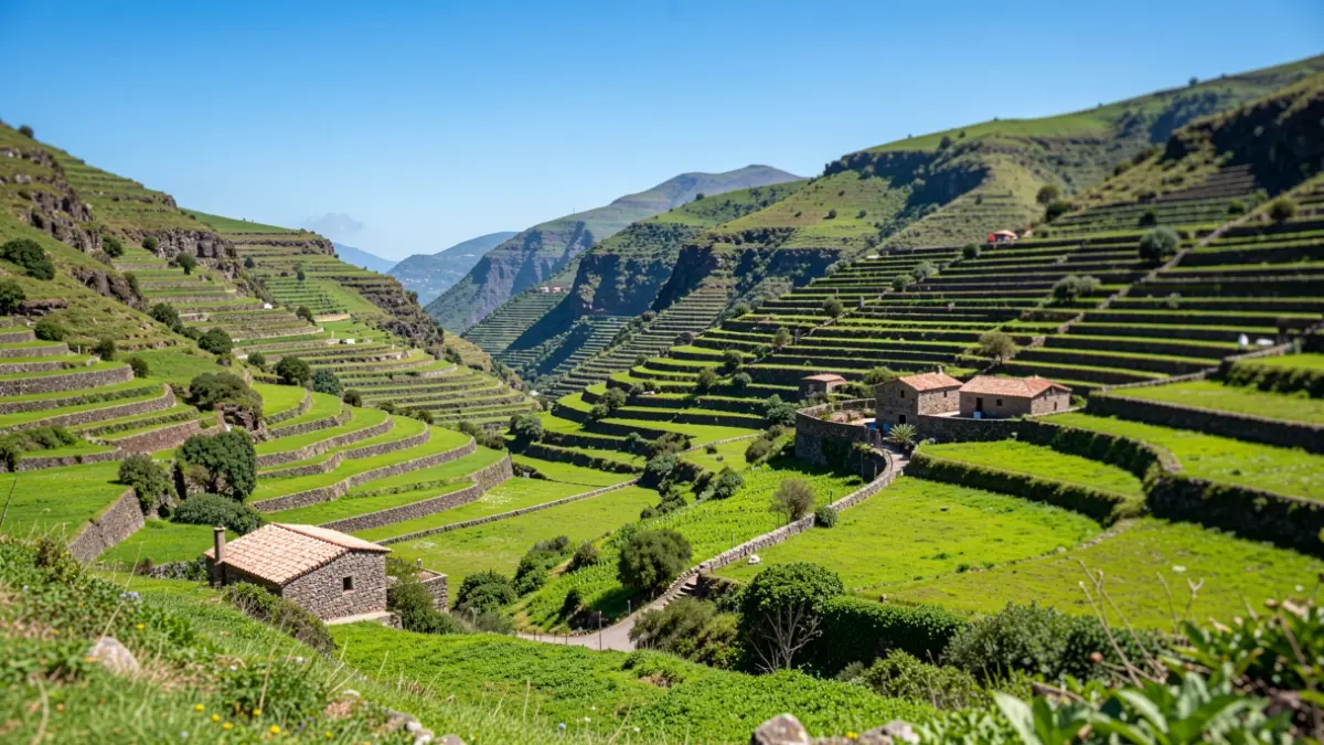 Paisaje de las Reservas de la Biosfera de Canarias con terrazas y edificios tradicionales.