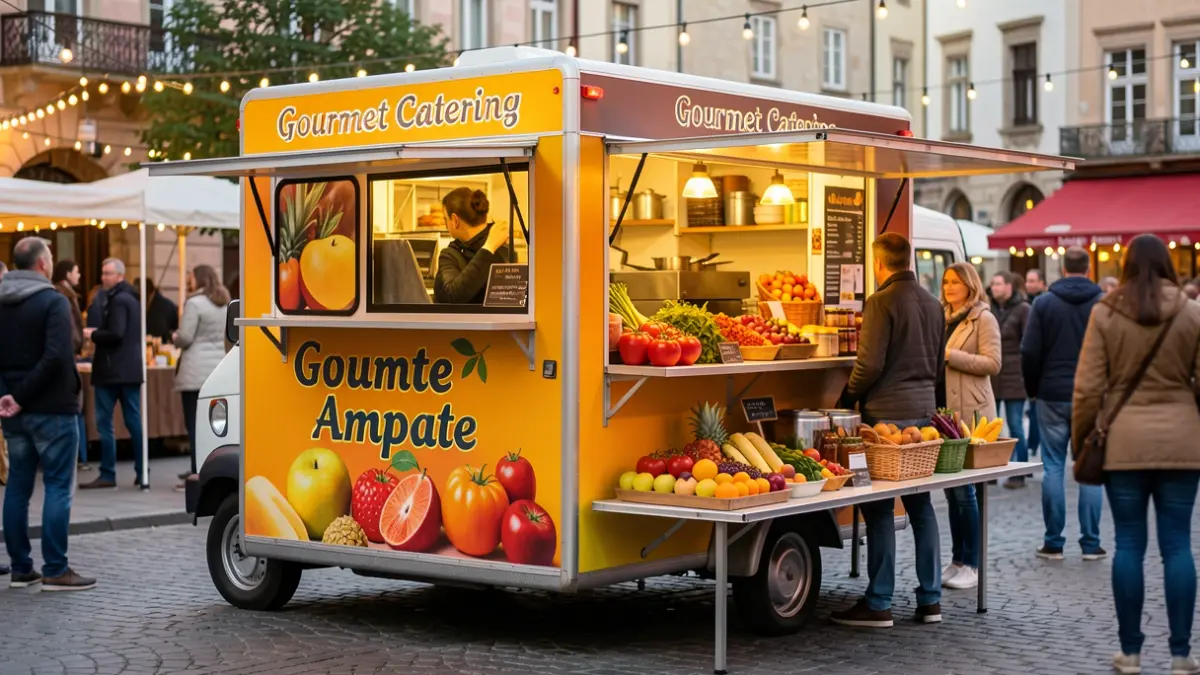 Generic image of a festive food truck with local products and people enjoying themselves.