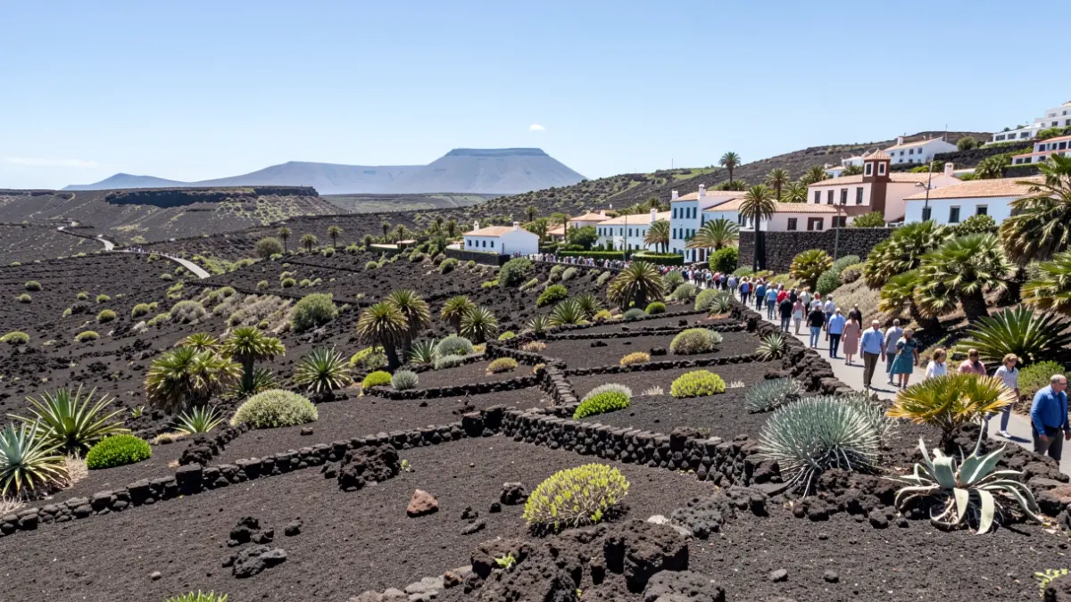 Generic image of a Canary Islands volcanic landscape with traditional architecture and bright sun.