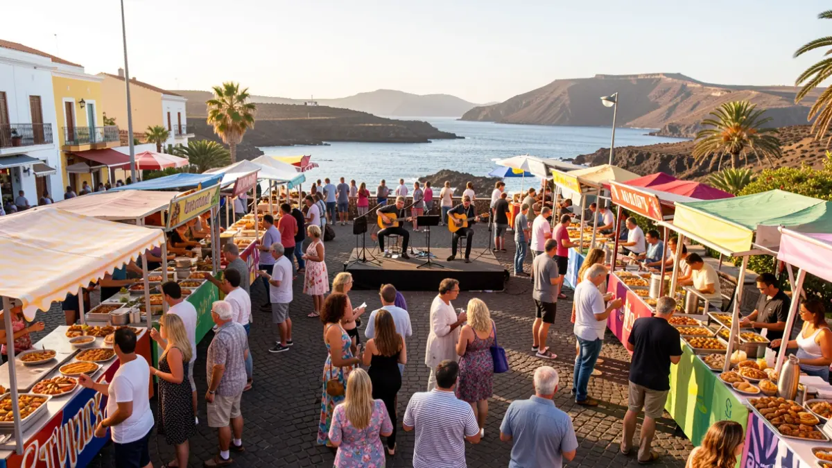 Imagen genérica de una feria gastronómica al aire libre en Canarias con puestos de comida, gente y música.