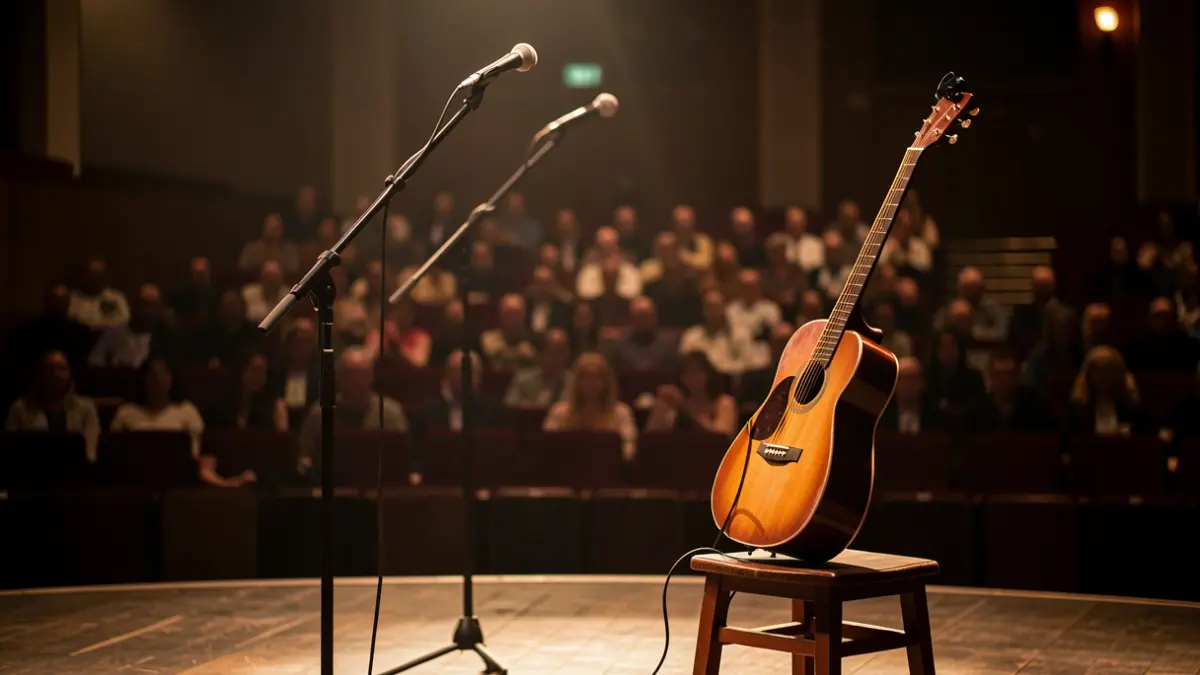 Generic image of a stage with a microphone and a guitar, with blurred theater seats in the background.
