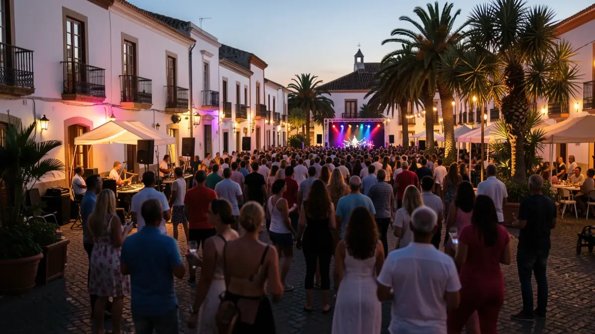 Generic image of a Canarian town square at dusk with people enjoying a festival.