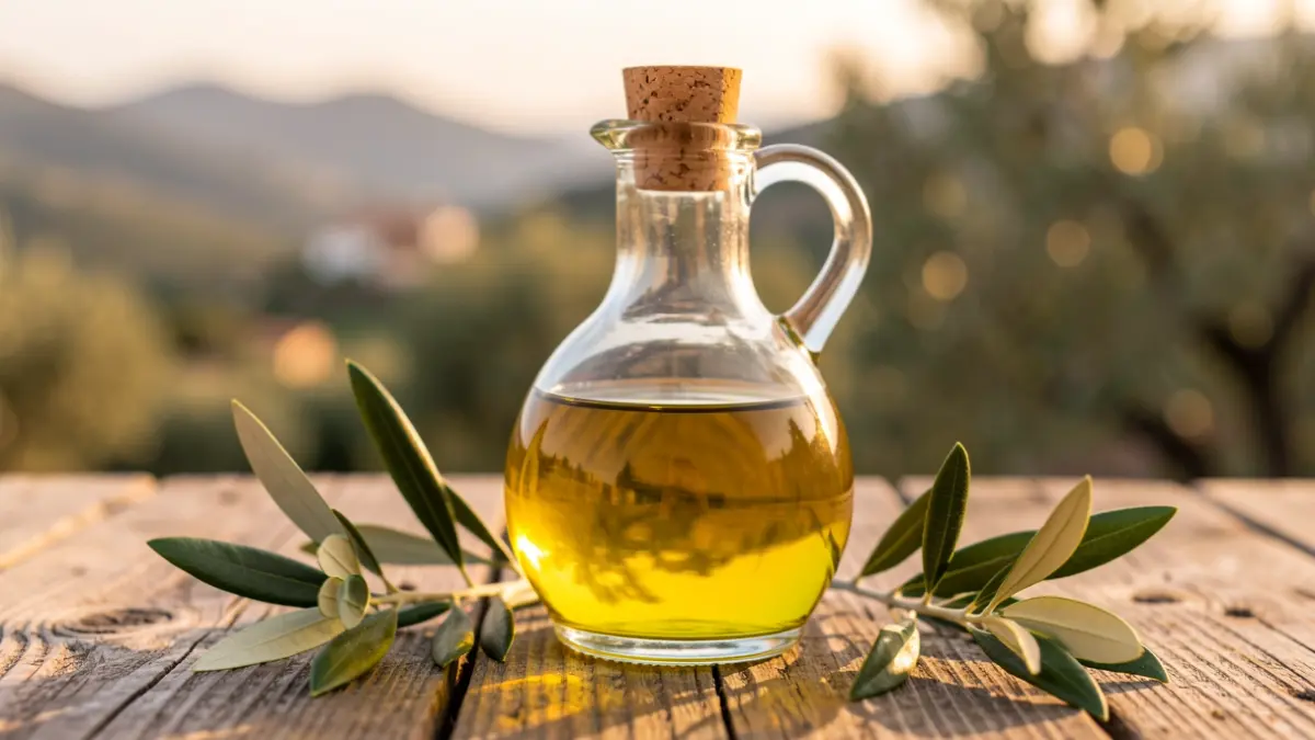 Generic image of a bottle of golden olive oil on a rustic wooden surface, with green olive leaves scattered around. Blurred Canarias landscape in the background.