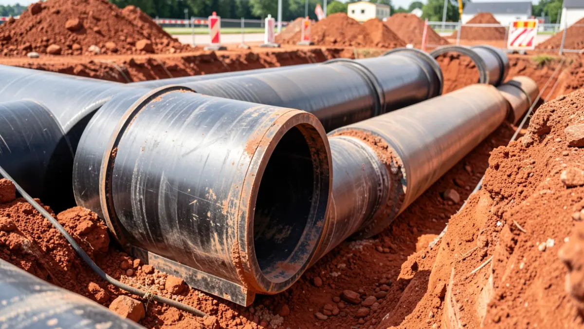 Imagen genérica de tuberías de fundición dúctil siendo instaladas en una zanja de construcción.