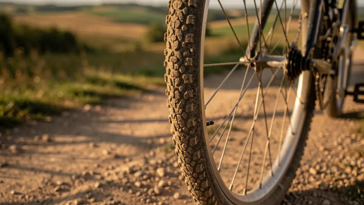 Imagen genérica de una rueda de bicicleta de gravel sobre un camino de tierra con luz de tarde.