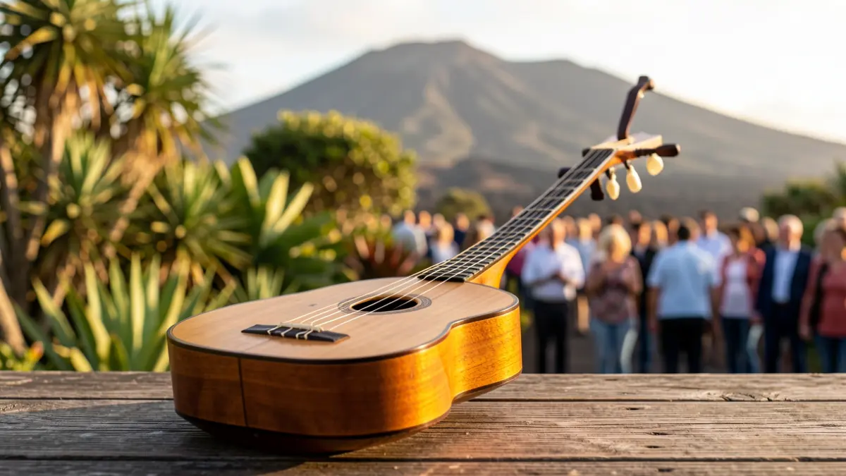 Imagen genérica de un instrumento timple canario sobre una superficie de madera, con un paisaje volcánico y vegetación subtropical desenfocados al fondo.