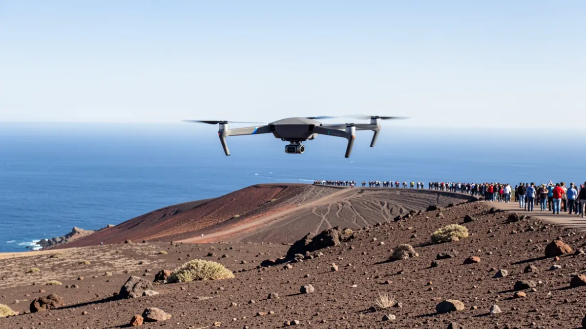 A drone flying over the volcanic landscape of Fuerteventura with the ocean in the background.
