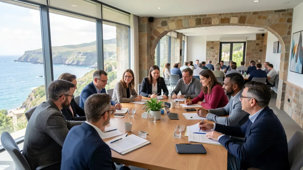 Imagen genérica de un grupo de personas diversas reunidas en una sala de reuniones, discutiendo documentos con vistas a un paisaje costero.