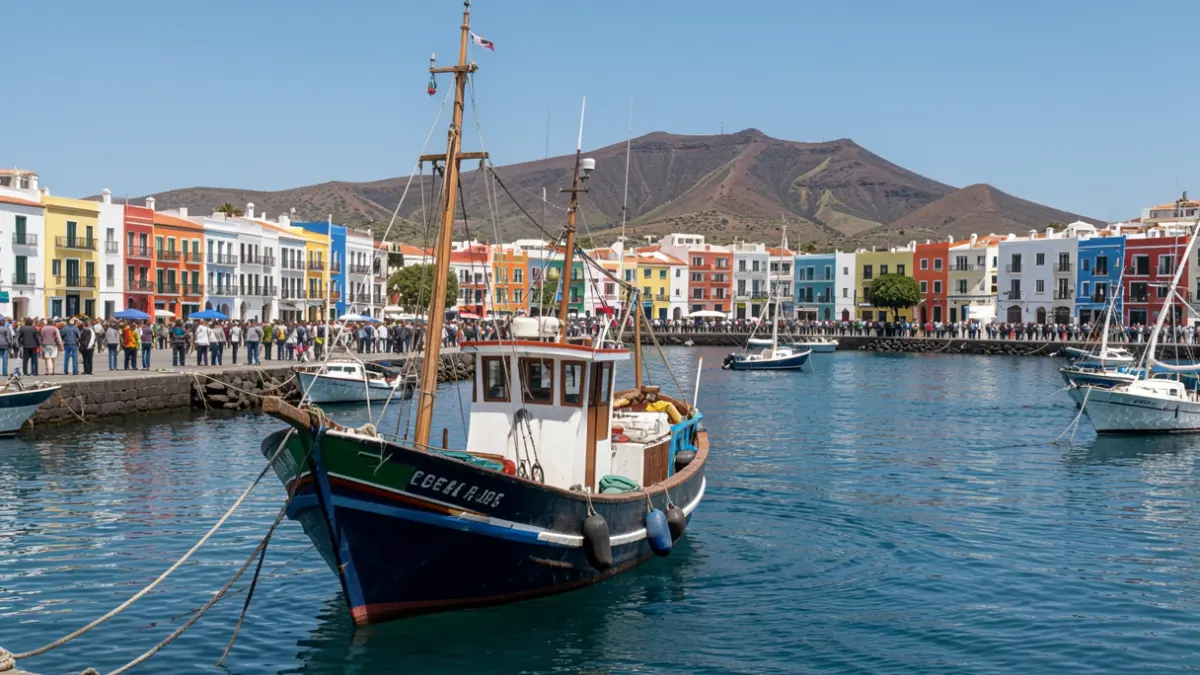 Generic image of a traditional fishing boat in a Canary Islands harbor, with colorful buildings and volcanic hills in the background.
