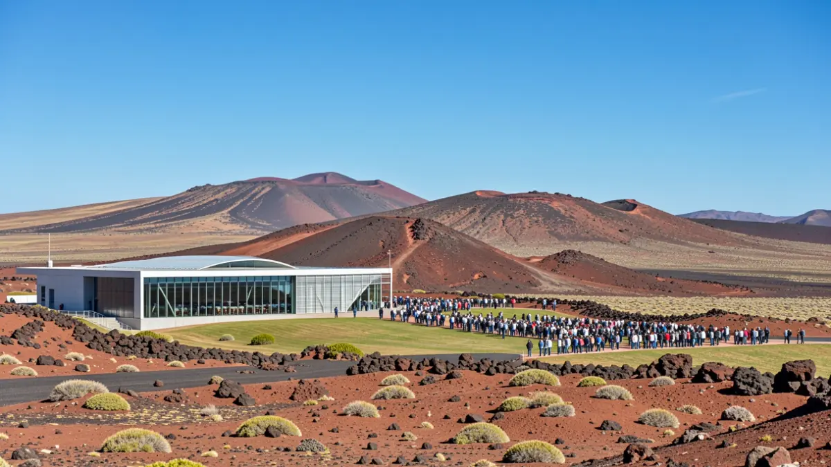 Imagen del Palacio de Formación y Congresos de Fuerteventura con el paisaje volcánico de la isla al fondo.