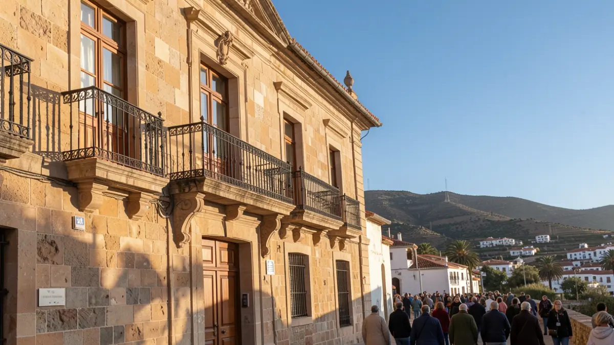 Generic image of a Canarias town hall facade with a balcony and iron railings, warm afternoon light, and blue sky.