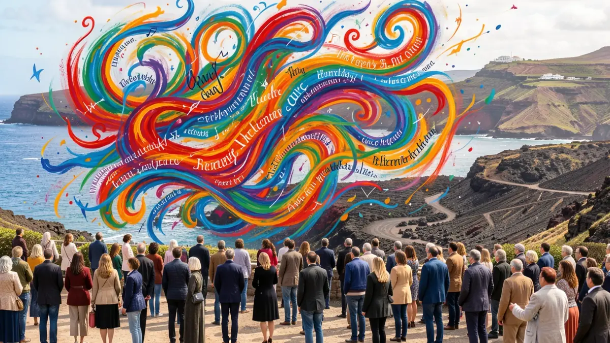 Imagen genérica de una representación abstracta de las artes escénicas y literarias con un fondo inspirado en el paisaje de Fuerteventura.