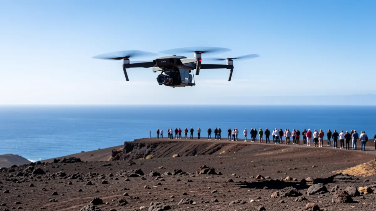 Image of a drone flying over the volcanic landscape of Fuerteventura.