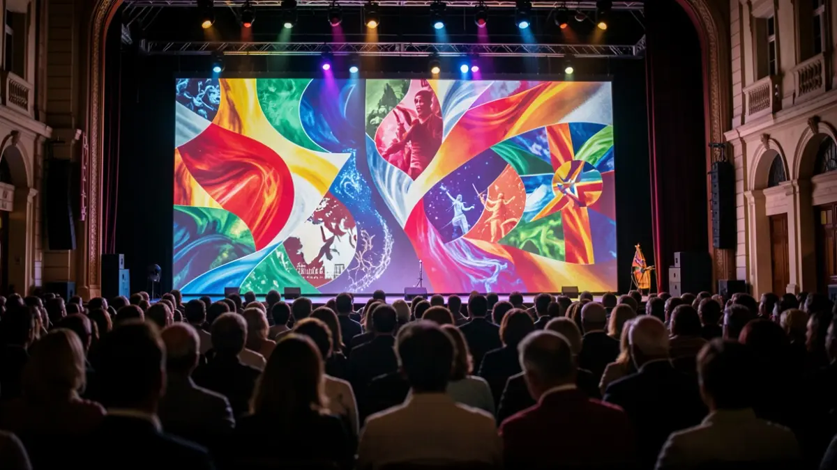 Generic image of a theatrical stage with abstract projections and audience silhouettes, suggesting cultural diversity.