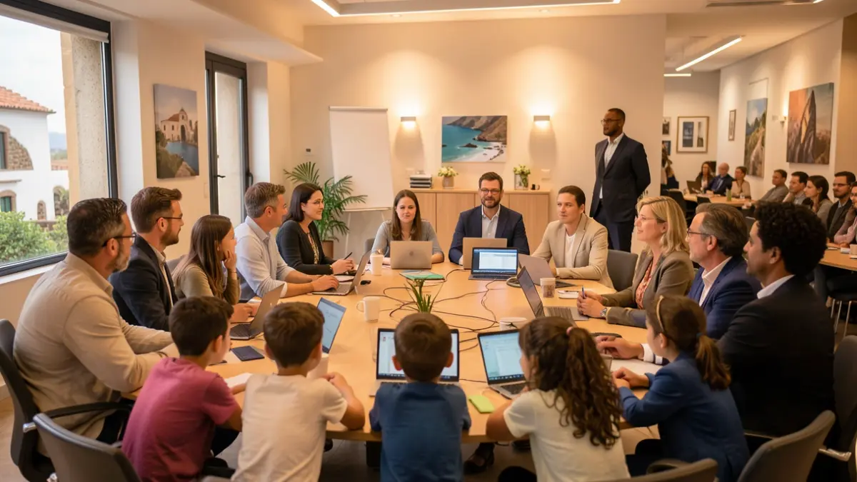 Image of professionals and children participating in a conference on digital coexistence in Fuerteventura.