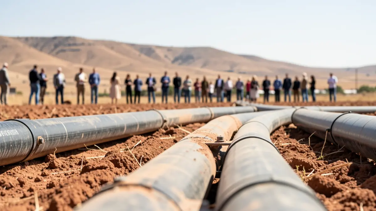 Generic image of irrigation pipes on dry earth in a rural Canarias landscape.