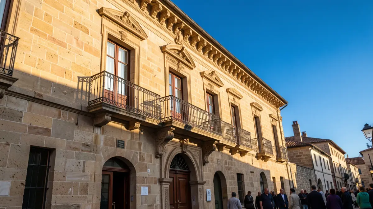 Generic image of a Canary Islands town hall facade with a balcony and iron railings, under the afternoon sunlight.