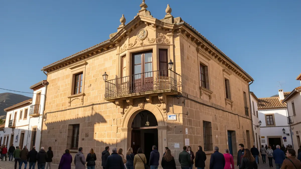 Generic image of a traditional Canarian institutional building facade with a balcony and iron railings, under the afternoon sunlight.