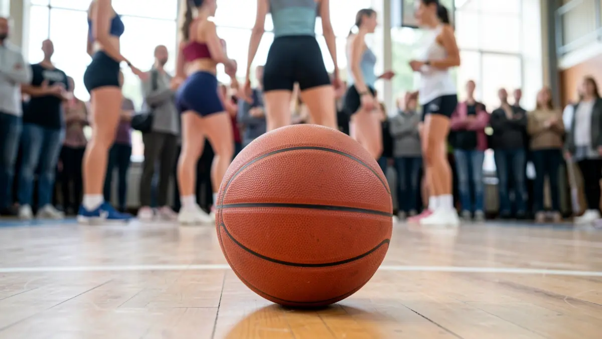 Generic image of a basketball on a court with blurred female players in the background.