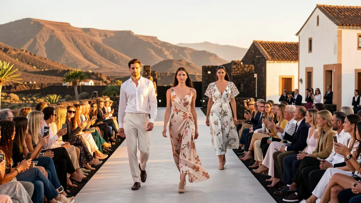 Fashion runway in Fuerteventura with models and local architecture.