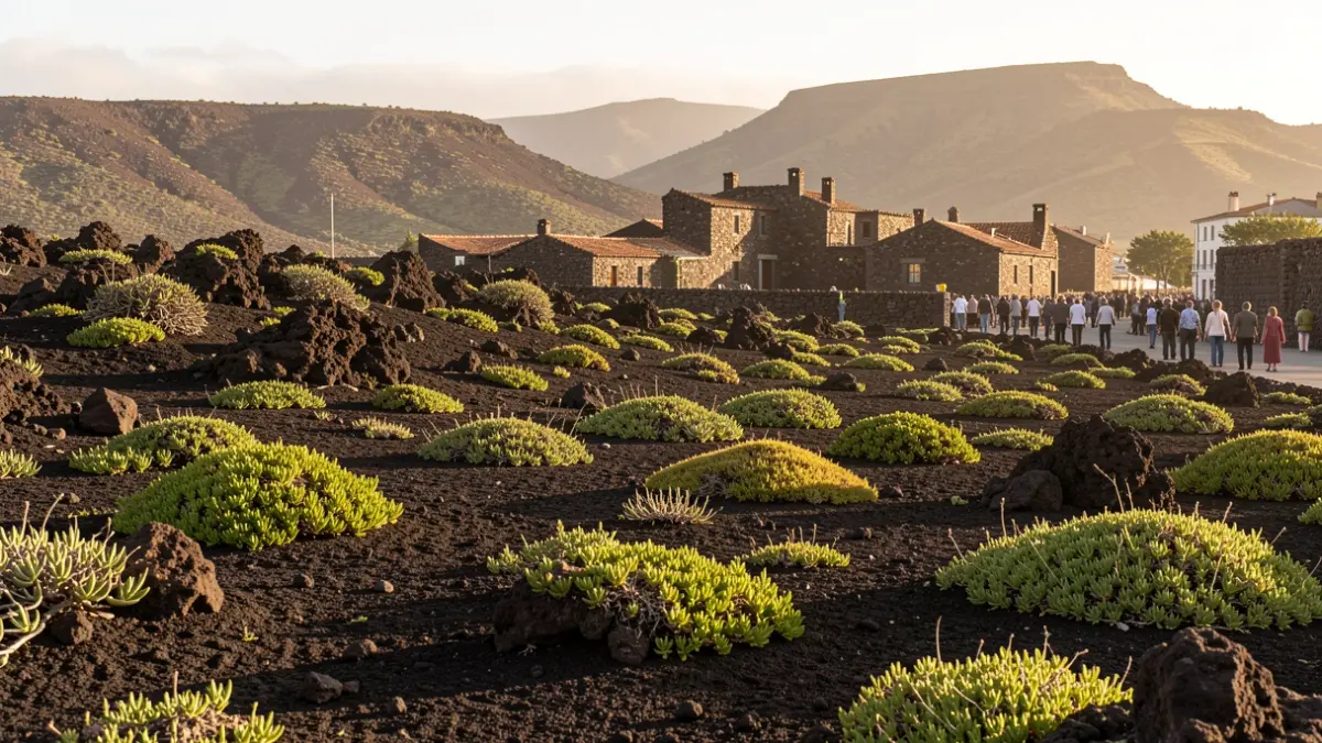 Generic image of a Canarian volcanic landscape with traditional stone architecture under the afternoon sun.