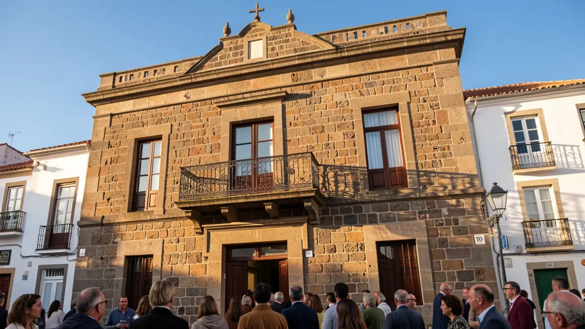 Fachada de un ayuntamiento de Canarias con balcón de hierro, bajo el sol de la tarde.