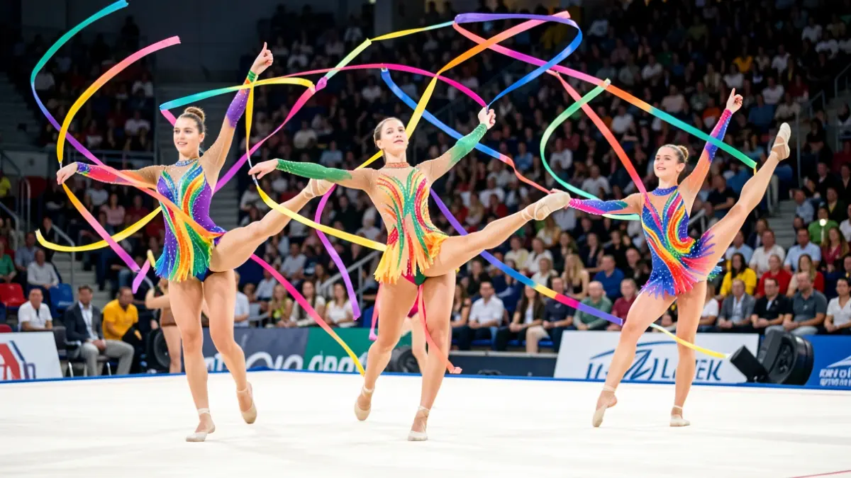 Generic image of gymnasts performing a routine with ribbons in a competition.