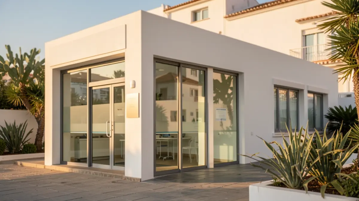 Generic image of the facade of a modern medical clinic in the Canary Islands, with afternoon light.