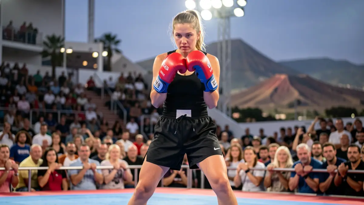 Kickboxing athlete in a fighting stance in a sports hall.