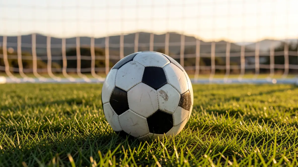 Generic image of a soccer ball on grass with the goal net blurred at sunset.