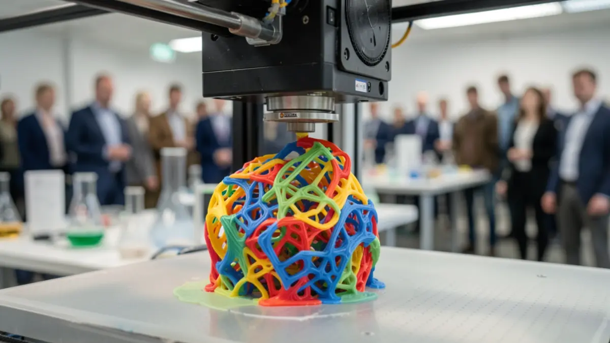 Imagen genérica de una impresora 3D avanzada creando un objeto complejo con materiales diversos.