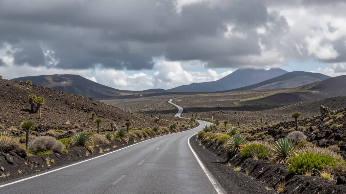 Imagen genérica de una carretera volcánica en Canarias con vegetación y nubes.