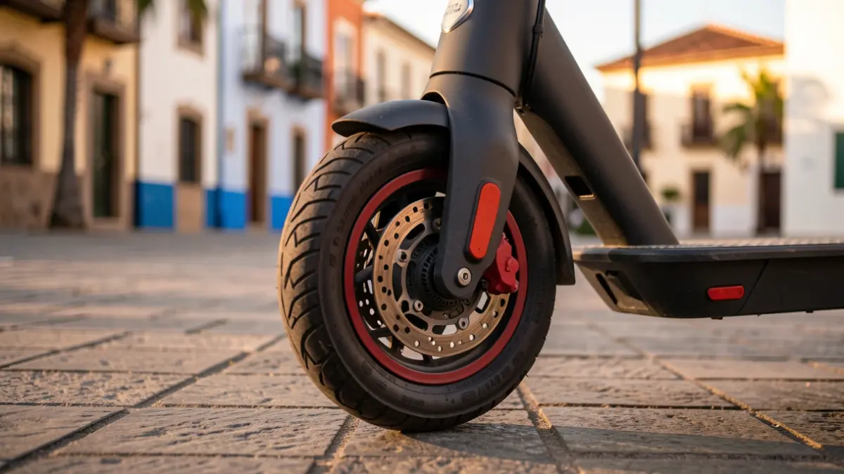 Primer plano de la rueda de un patinete eléctrico aparcado en una acera empedrada de Santa Cruz de Tenerife, con luz de atardecer.