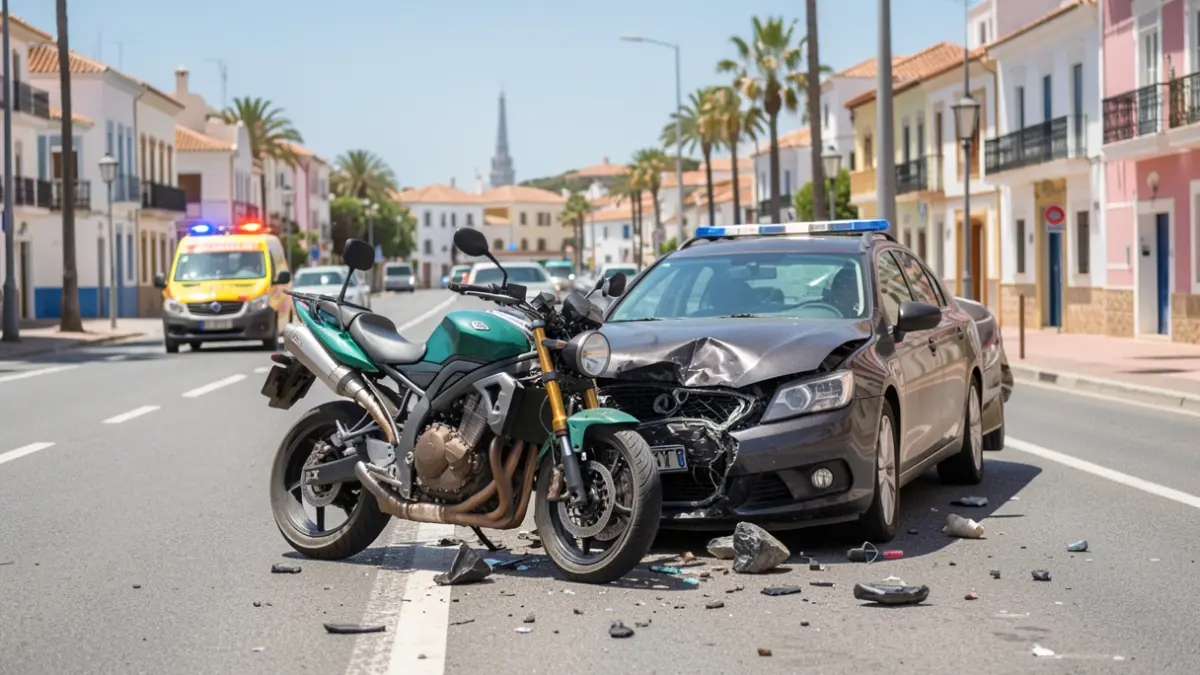 Generic image of a traffic accident between a motorcycle and a car on an avenue.