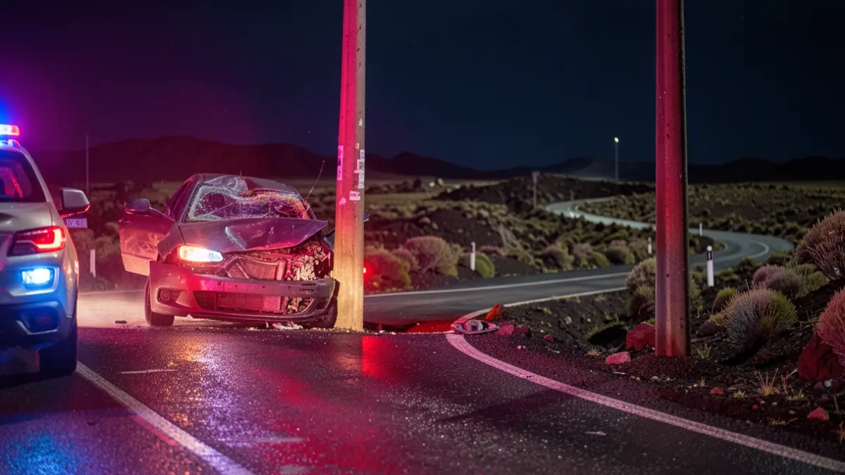 Imagen genérica de un accidente de tráfico con un vehículo y un poste en una carretera de Tenerife por la noche.