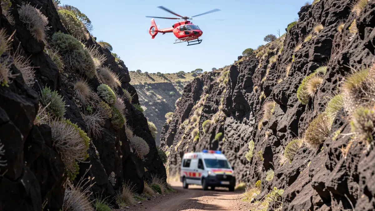 Generic image of a rocky ravine in La Gomera with an emergency helicopter and an ambulance on a track.
