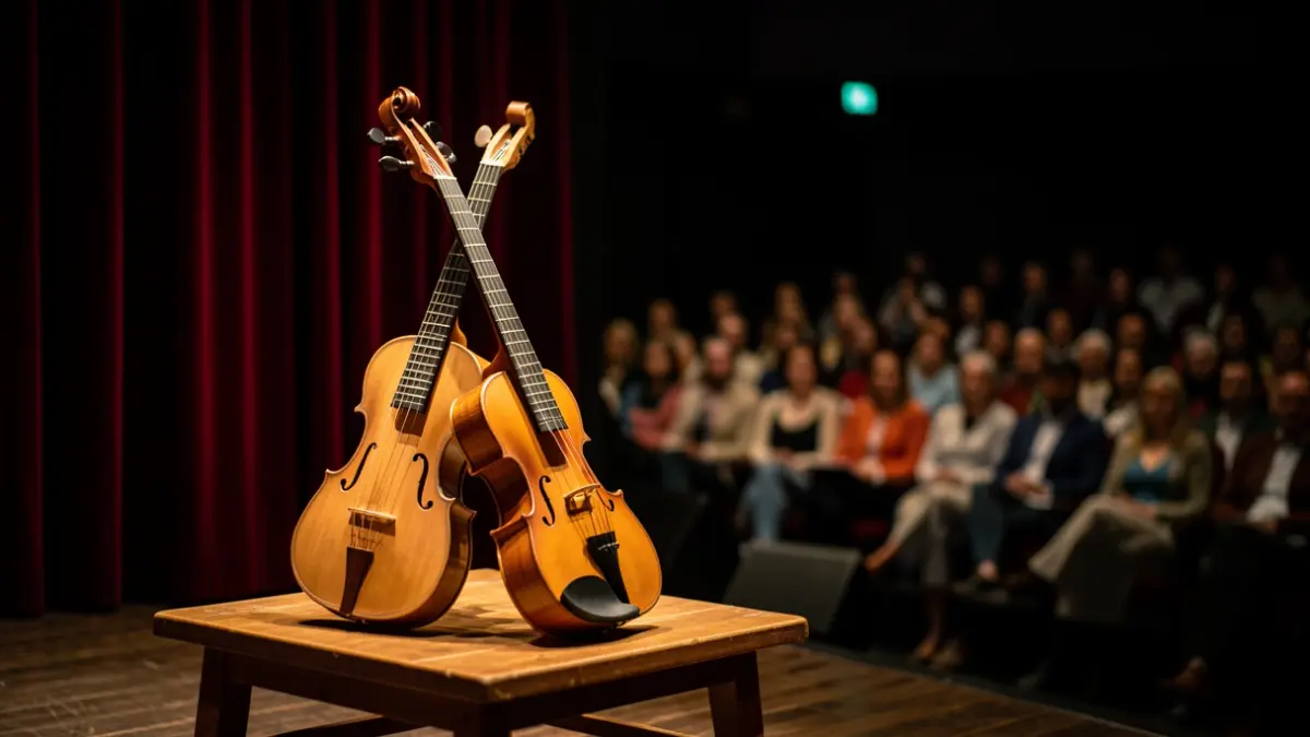 Instrumentos musicales tradicionales canarios sobre un atril en un escenario de teatro.