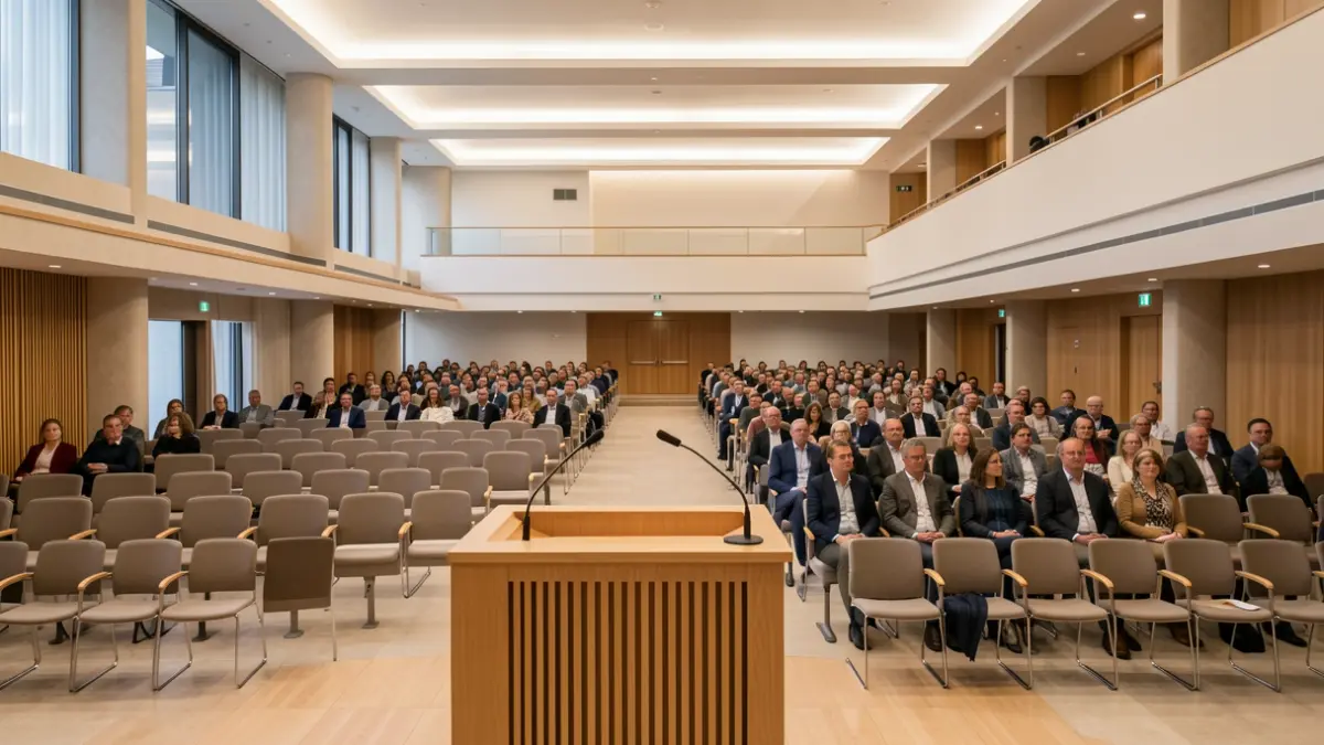 Imagen genérica de un salón de actos de hospital con asientos vacíos y un atril.