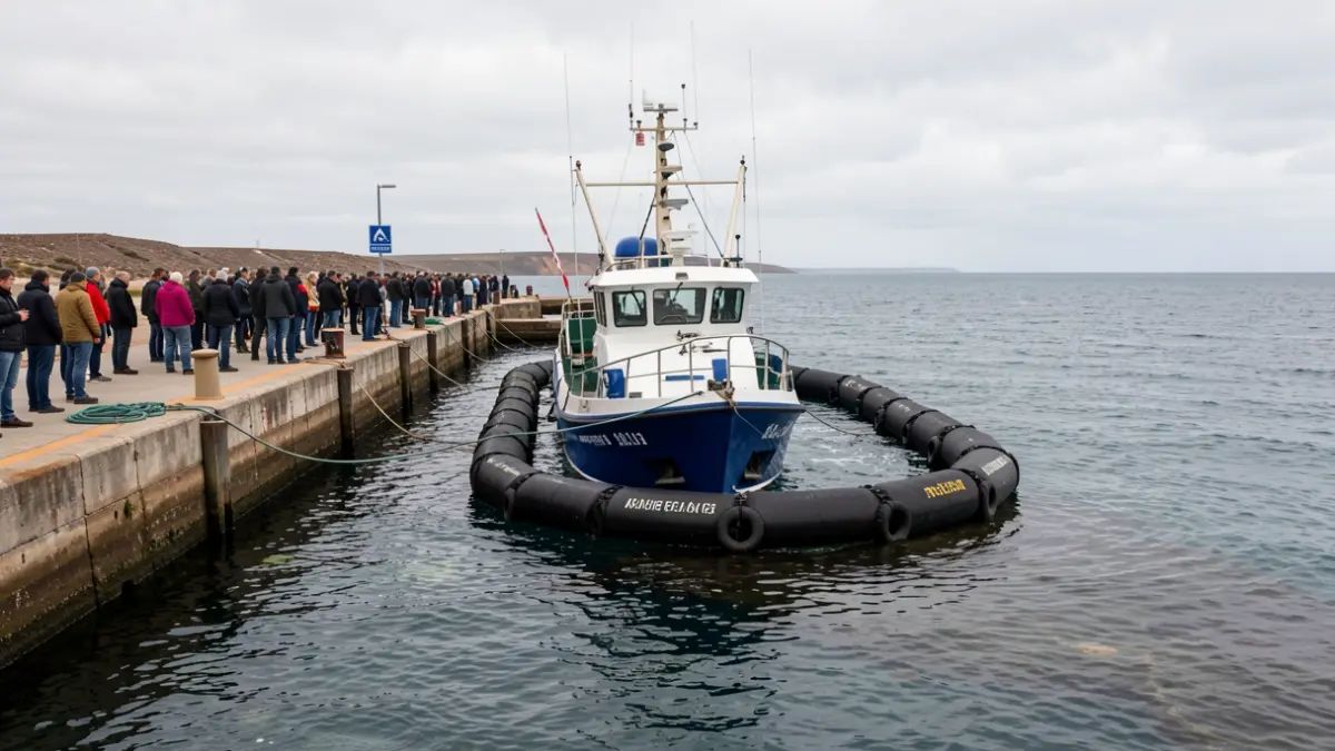 Barco pesquero hundido en el puerto de Naos, Arrecife, con barreras anticontaminación.