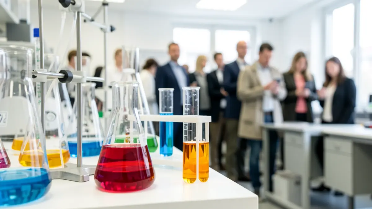 Generic image of a science experiment in a laboratory with glassware and colorful liquids.