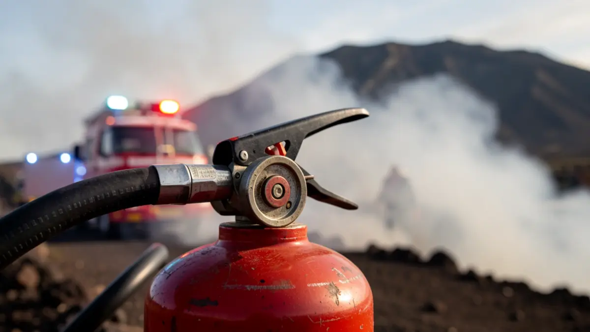 Generic image of a fire extinguisher nozzle with blurred smoke and emergency lights in the background.