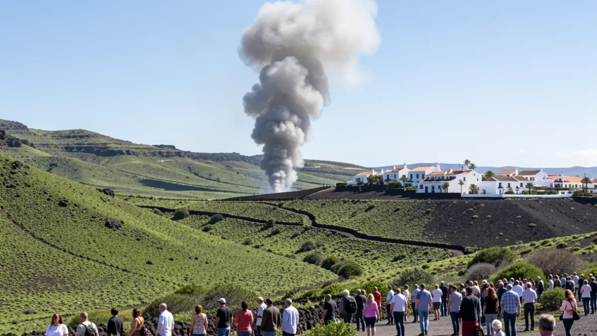 Generic image of a smoke column over a volcanic hillside in Lanzarote with traditional architecture.