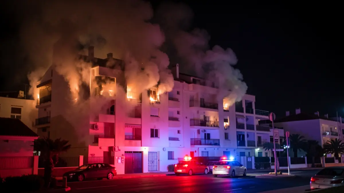 Imagen genérica de un edificio en llamas por la noche en Arrecife, Lanzarote, con humo y luces de emergencia.