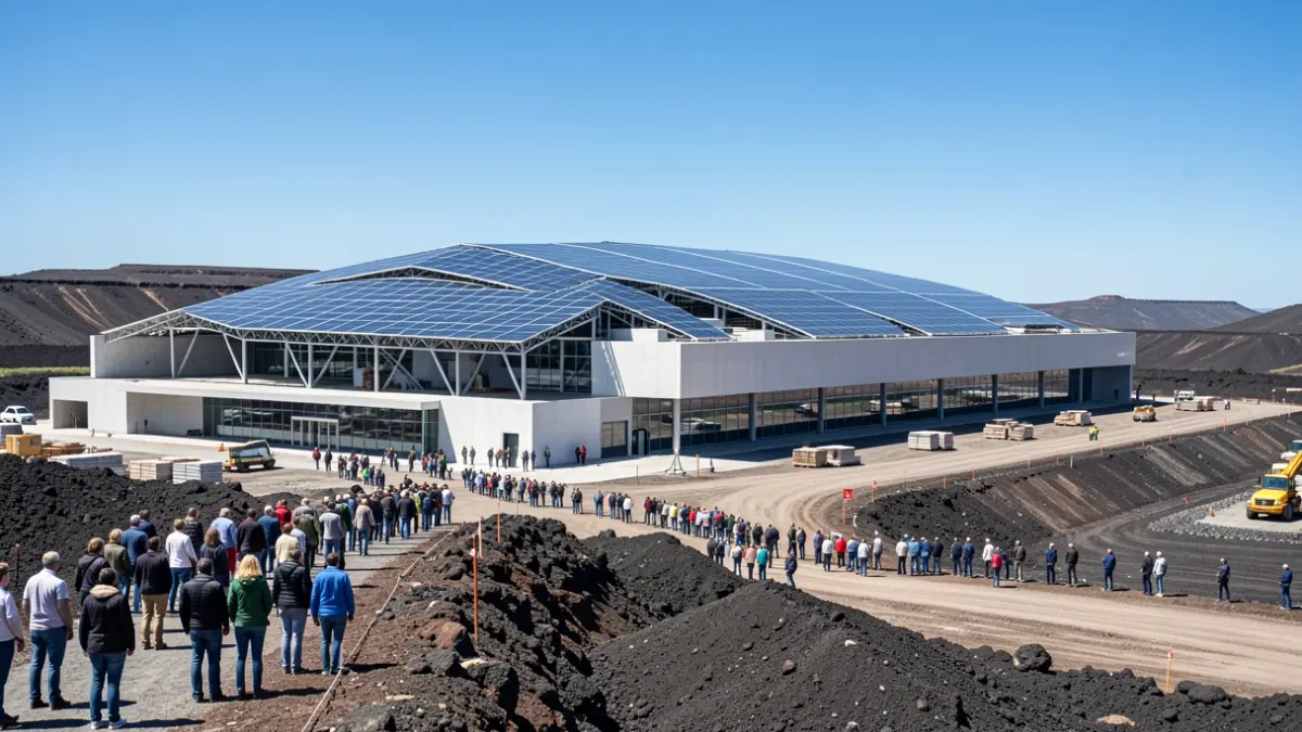Construction of the new Infecar pavilion in Gran Canaria, featuring volcanic landscape and solar panels.