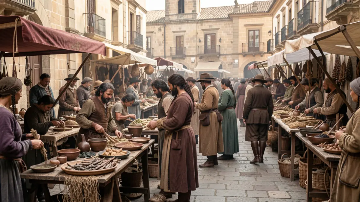 Imagen de un mercado histórico en Sevilla o Valencia con personas canarias siendo objeto de comercio.