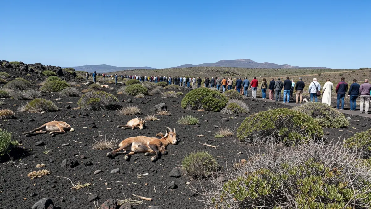 Imagen genérica de un paisaje natural con suelo volcánico y vegetación escasa, con restos de animales muertos visibles en el suelo bajo un cielo azul.