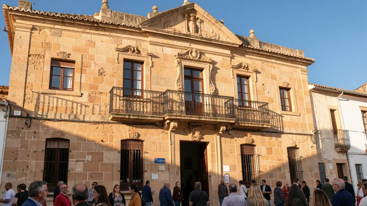 Generic image of a town hall facade with a balcony and iron railings, afternoon sunlight, blue sky.