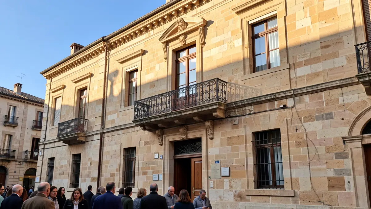 Imagen genérica de la fachada de un ayuntamiento de Canarias con balcón y barandillas de hierro, luz cálida de la tarde y cielo azul.
